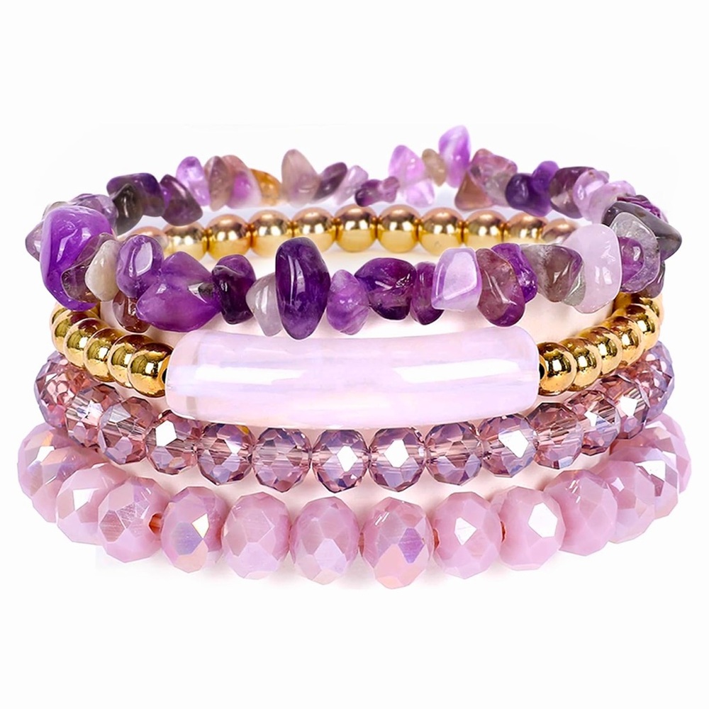 Purple and Pink Beaded Bracelet Set - Picture 1 of 3